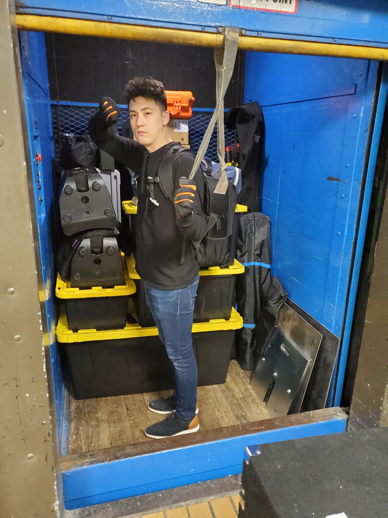 A loaded freight elevator on show day