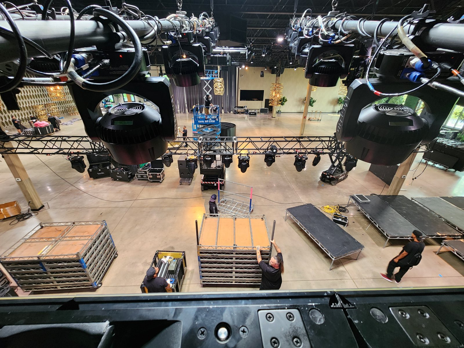 Moving lights rigged from the truss