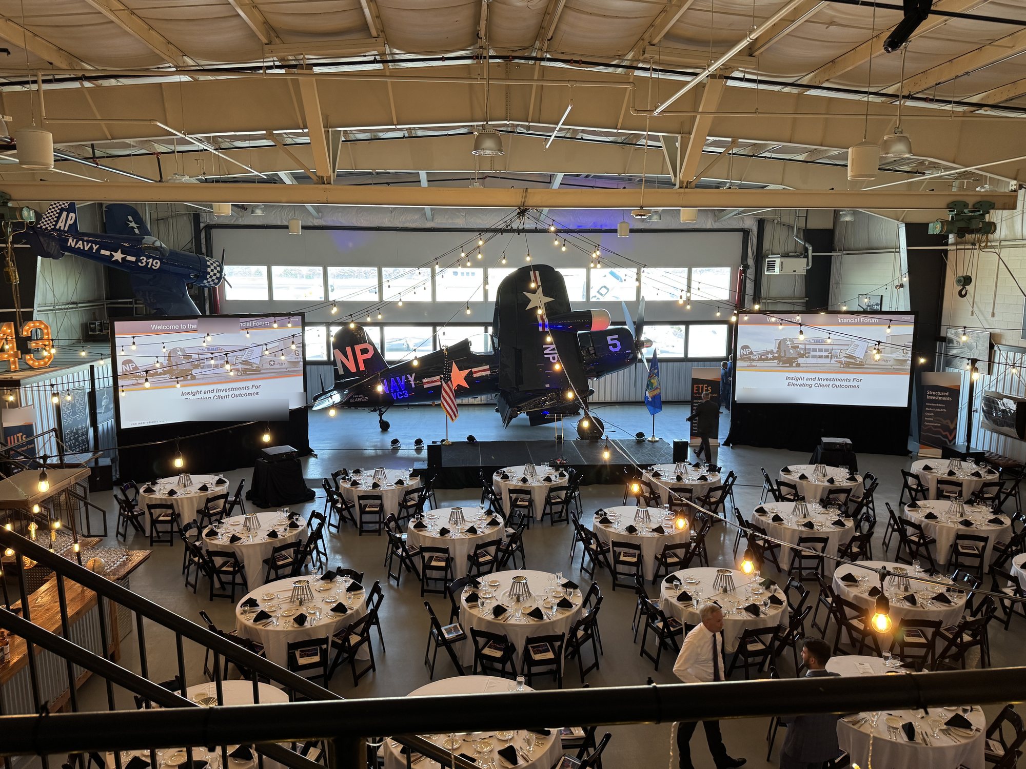 Dual-screen show set among the aircraft, The Hangar at 743, New York